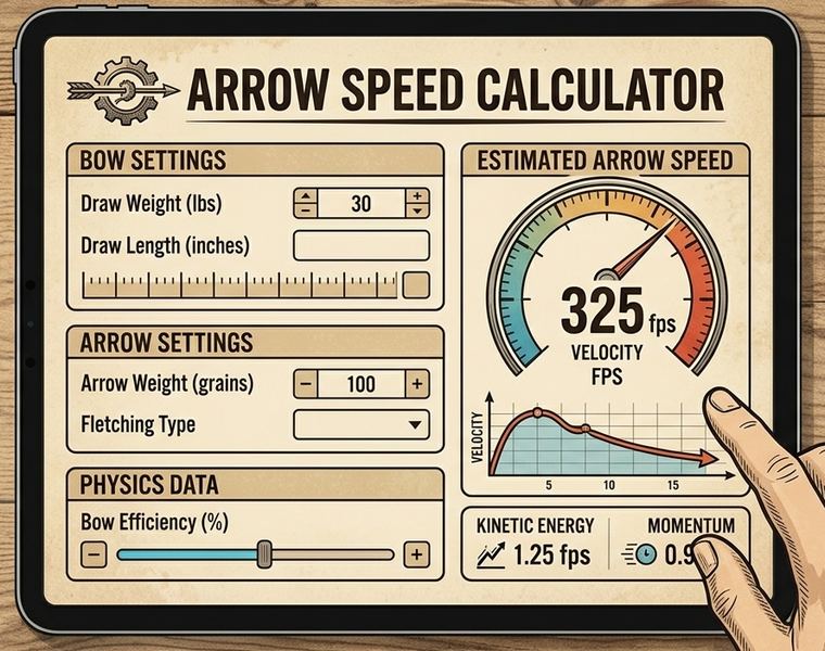 Arrow speed calculator inputs and outputs Illustration of an arrow speed calculator interface: bow and arrow input fields on the left feeding a speed gauge with kinetic energy and momentum readouts on the right