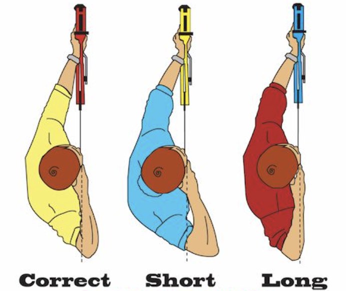 Correct, short and long draw length from above Top-down view of three compound archers at full draw labeled Correct, Short and Long. Correct: the draw forearm and elbow sit on the dashed arrow line. Short: the draw elbow swings past the line. Long: the elbow stops short of the line.