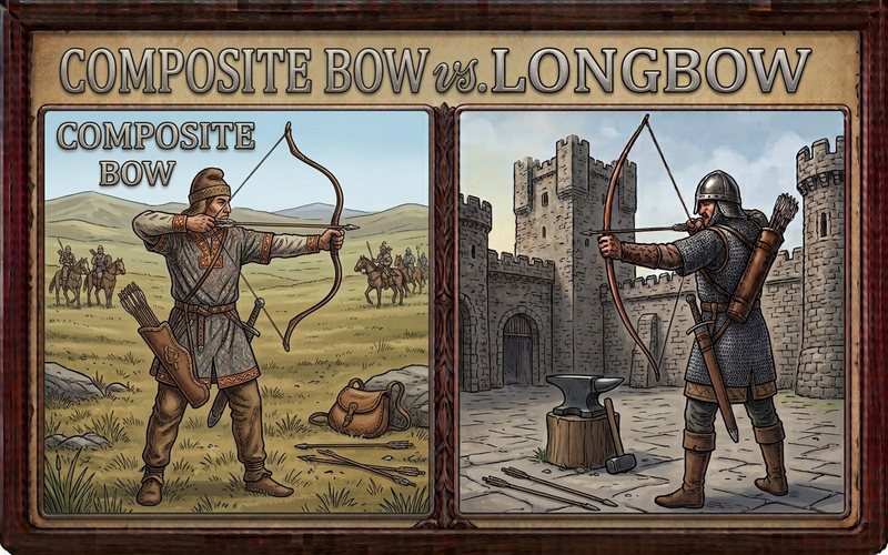 Composite bow vs longbow, illustrated side by side composite bow vs longbow mechanical comparison archeryera: a steppe archer drawing a short recurved composite bow on grassland beside a chain-mail archer drawing a tall longbow in a castle courtyard