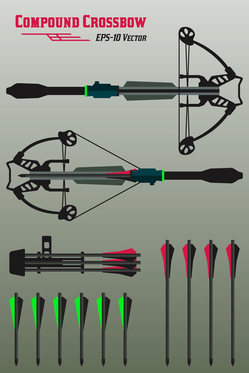 Technical diagram of a horizontal compound crossbow cam-and-cable system, top-down and cocked views