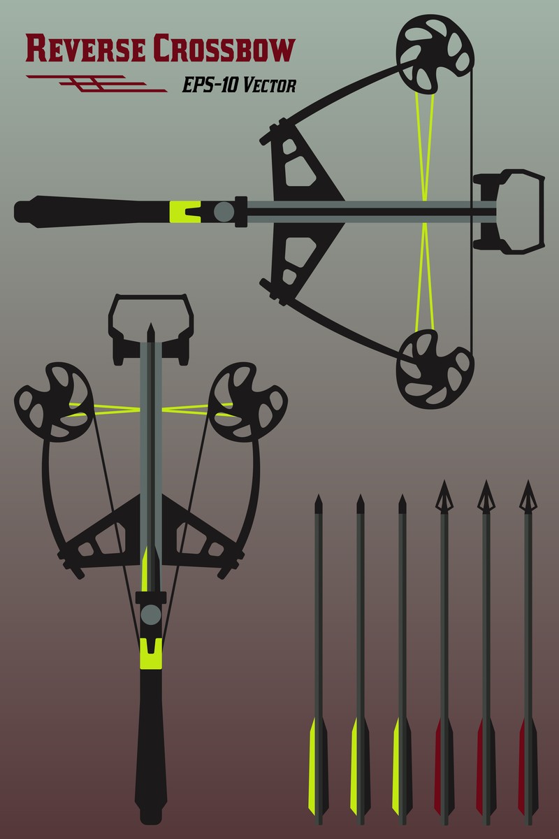 Technical diagram of a reverse-limb compound crossbow with cams rotated ahead of the trigger group