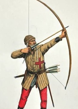 Illustration of a longbow archer at full draw, string pulled back to the ear, bow visible