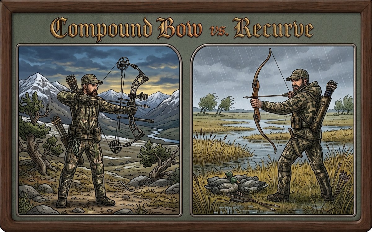 Illustrated side-by-side scenes: a compound bow archer at full draw in a mountain backcountry setting next to a recurve bow archer at full draw over a rainy marsh