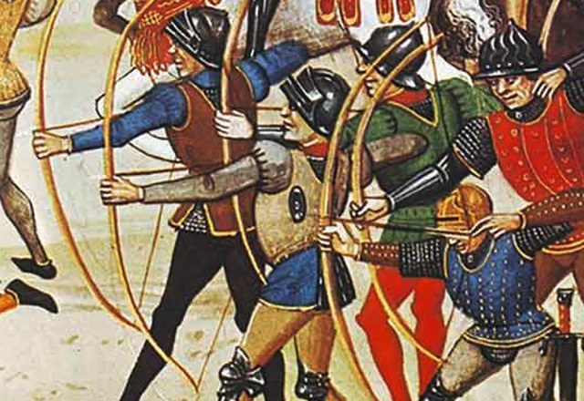 Illustration of massed longbow archers drawing their bows shoulder to shoulder in battle formation
