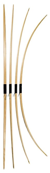 Illustration of four bow-stave laminations shown at increasing degrees of recurve flex, from straight to fully bent
