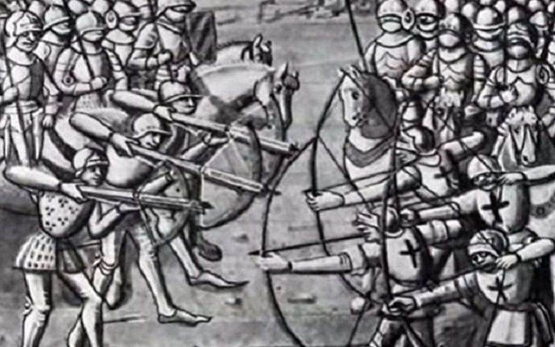 A period woodcut illustration of massed crossbowmen and longbowmen facing off with mounted knights across a medieval battlefield