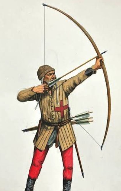 Illustration of a longbow archer at full draw, string pulled back to the ear, full figure with bow visible