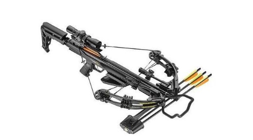 Modern compact hunting crossbow with scope, cocked and loaded with four arrows