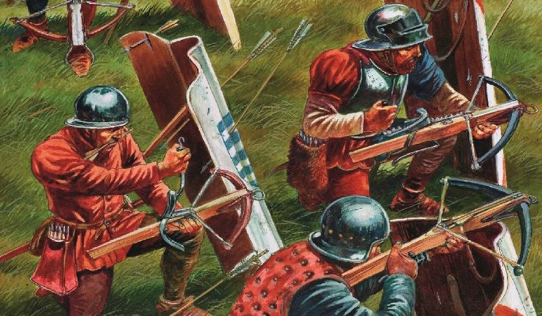 Illustration of medieval crossbowmen spanning and loading their crossbows behind pavise shields