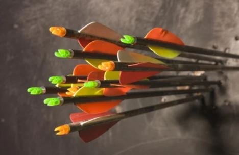 Assorted plastic vane profiles and colors Bundle of arrows fletched with orange, green and yellow plastic vanes in varying profiles and heights, close up on the shafts