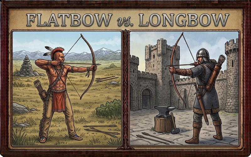 Illustration titled Flatbow vs Longbow: a feathered Plains-style archer drawing a wide-limbed flatbow on open grassland on the left, and a chain-mail longbowman drawing a long stave bow beside a castle wall on the right
