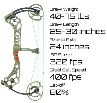 Product spec card for a compact hybrid sling-bow listing a 24-inch axle-to-axle length, 320 fps IBO speed and a separate 400 fps steel-ball speed rating