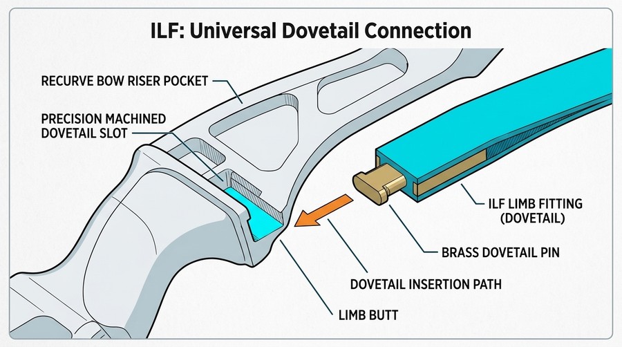 ILF dovetail connection, conceptual cutaway Conceptual cutaway of an ILF riser pocket and the dovetail-shaped limb fitting that slides into it
