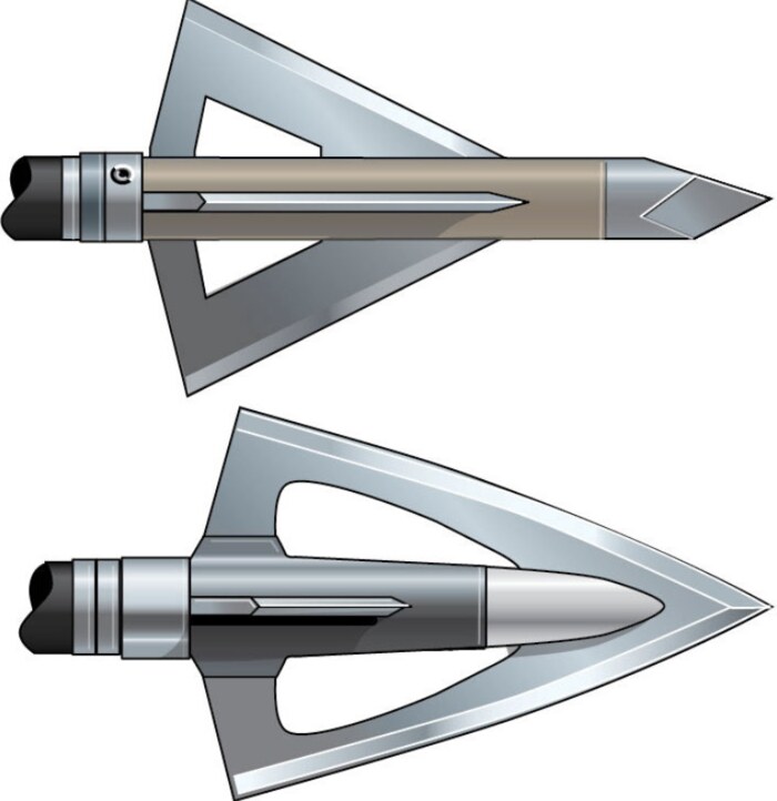 Fixed blade broadhead profile comparison diagram Side profile diagram comparing a compact cut-on-contact fixed blade broadhead to a wider swept fixed blade broadhead