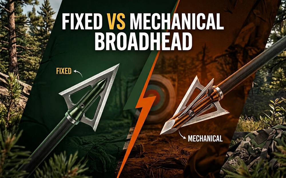 Fixed vs. mechanical broadhead comparison Split comparison illustration of a fixed blade broadhead on the left and a mechanical broadhead on the right, each mounted on an arrow shaft against a forest hunting backdrop
