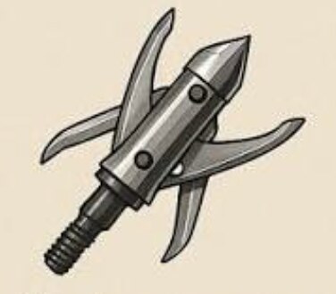 Mechanical broadhead, blades deployed Mechanical broadhead illustration showing blades deployed outward from the ferrule on impact