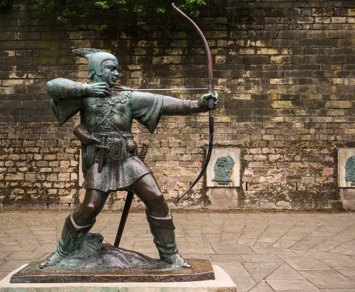Bronze statue of Robin Hood at full draw with a longbow, outside Nottingham Castle