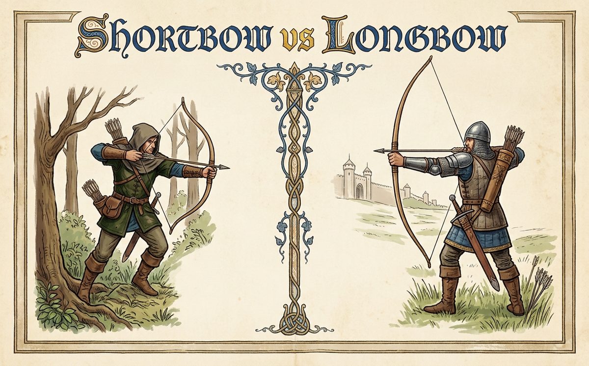 Illustrated comparison of a shortbow archer drawing in the trees on the left and a longbow archer drawing near a castle wall on the right