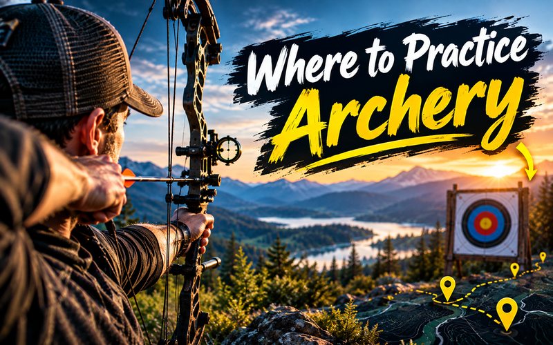 Bowhunter at full draw with a compound bow on a mountain ridge at sunset, a bag target on a wooden stand and a trail map with location pins beside it, under the title Where to Practice Archery