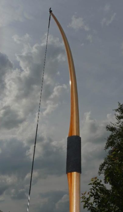 Bow limb tip against open sky Bow limb tip silhouetted against an open sky, showing the curve that fills the force-draw curve's shape factor