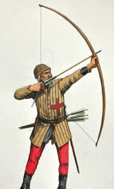 Medieval longbowman — war-class draw weight Illustration of a medieval English longbowman drawing a war bow, referencing the Mary Rose-class heavy draw weight used in the ballistics table
