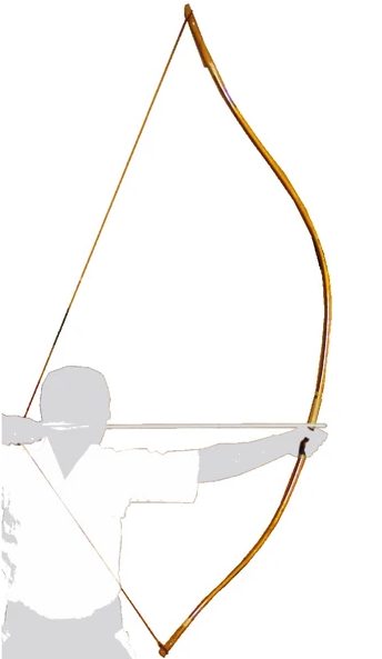 Yumi at full draw — off-center grip silhouette Silhouette of a Yumi archer at full draw, showing the off-center grip below the bow's geometric midpoint