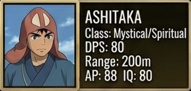 Ashitaka stat card — Princess Mononoke, Mystical/Spiritual class, 80 DPS, 200m range, 88 armor piercing, 80 tactical IQ