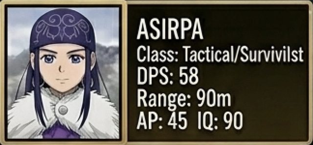 Asirpa stat card — Golden Kamuy, Tactical/Survivalist class, 58 DPS, 90m range, 45 armor piercing, 90 tactical IQ