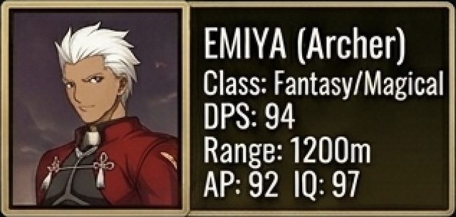 EMIYA (Archer) stat card — Fate/stay night, Fantasy/Magical Weapon class, 94 DPS, 1200m range, 92 armor piercing, 97 tactical IQ
