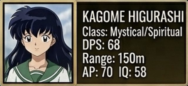 Kagome Higurashi stat card — Inuyasha, Mystical/Spiritual class, 68 DPS, 150m range, 70 armor piercing, 58 tactical IQ