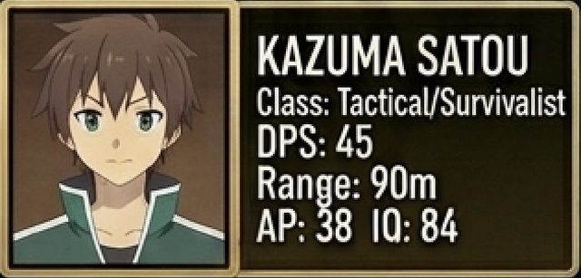 Kazuma Satou stat card — KonoSuba, Tactical/Survivalist class, 45 DPS, 90m range, 38 armor piercing, 84 tactical IQ
