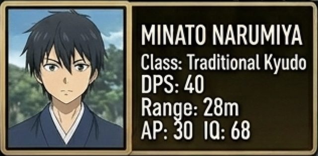 Minato Narumiya stat card — Tsurune, Traditional Kyudo class, 40 DPS, 28m range, 30 armor piercing, 68 tactical IQ