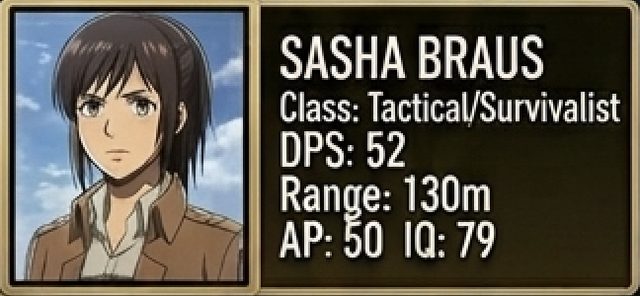 Sasha Braus stat card — Attack on Titan, Tactical/Survivalist class, 52 DPS, 130m range, 50 armor piercing, 79 tactical IQ