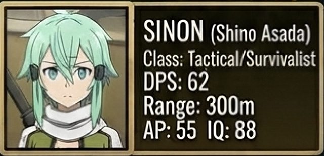 Sinon (Shino Asada) stat card — Sword Art Online, Tactical/Survivalist class, 62 DPS, 300m range, 55 armor piercing, 88 tactical IQ