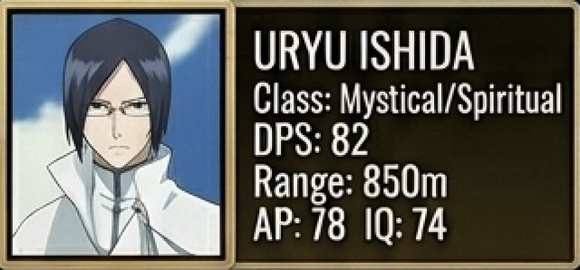 Uryu Ishida stat card — Bleach, Mystical/Spiritual class, 82 DPS, 850m range, 78 armor piercing, 74 tactical IQ