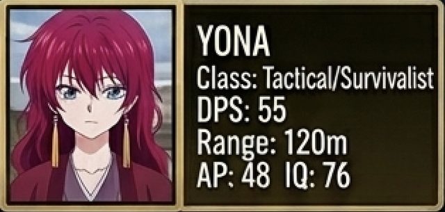 Yona stat card — Yona of the Dawn, Tactical/Survivalist class, 55 DPS, 120m range, 48 armor piercing, 76 tactical IQ