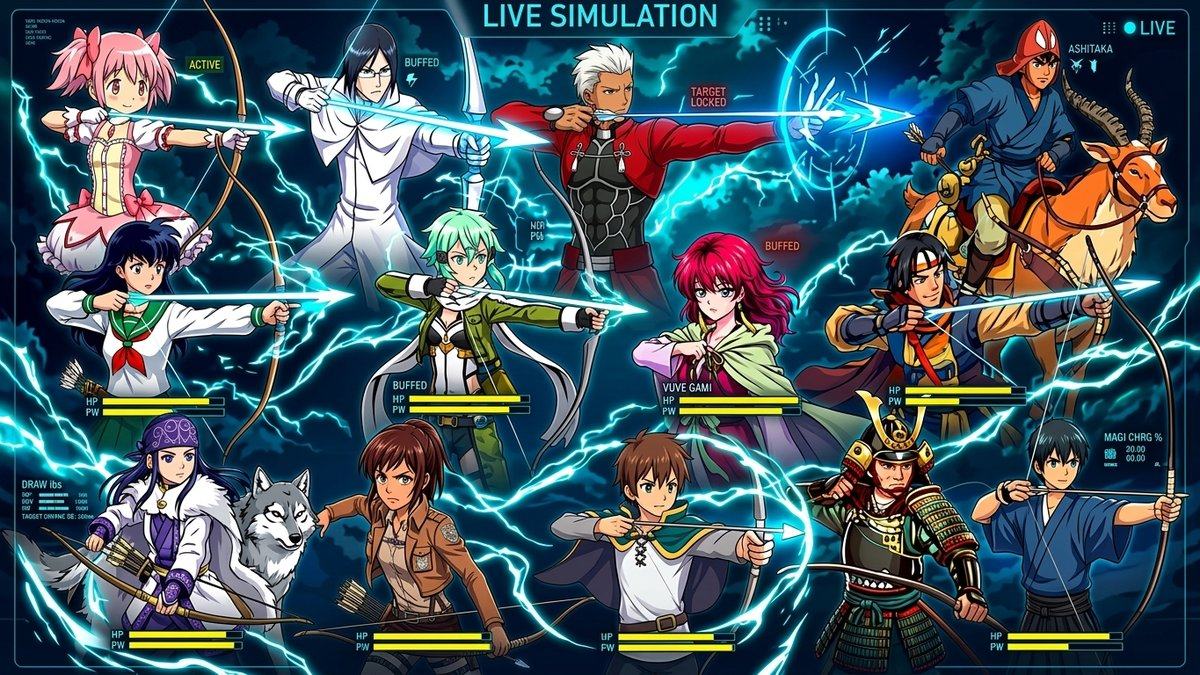 Twelve anime archers — including EMIYA, Madoka Kaname, Uryu Ishida and Ashitaka — drawing their bows in a HUD-style live combat simulation graphic