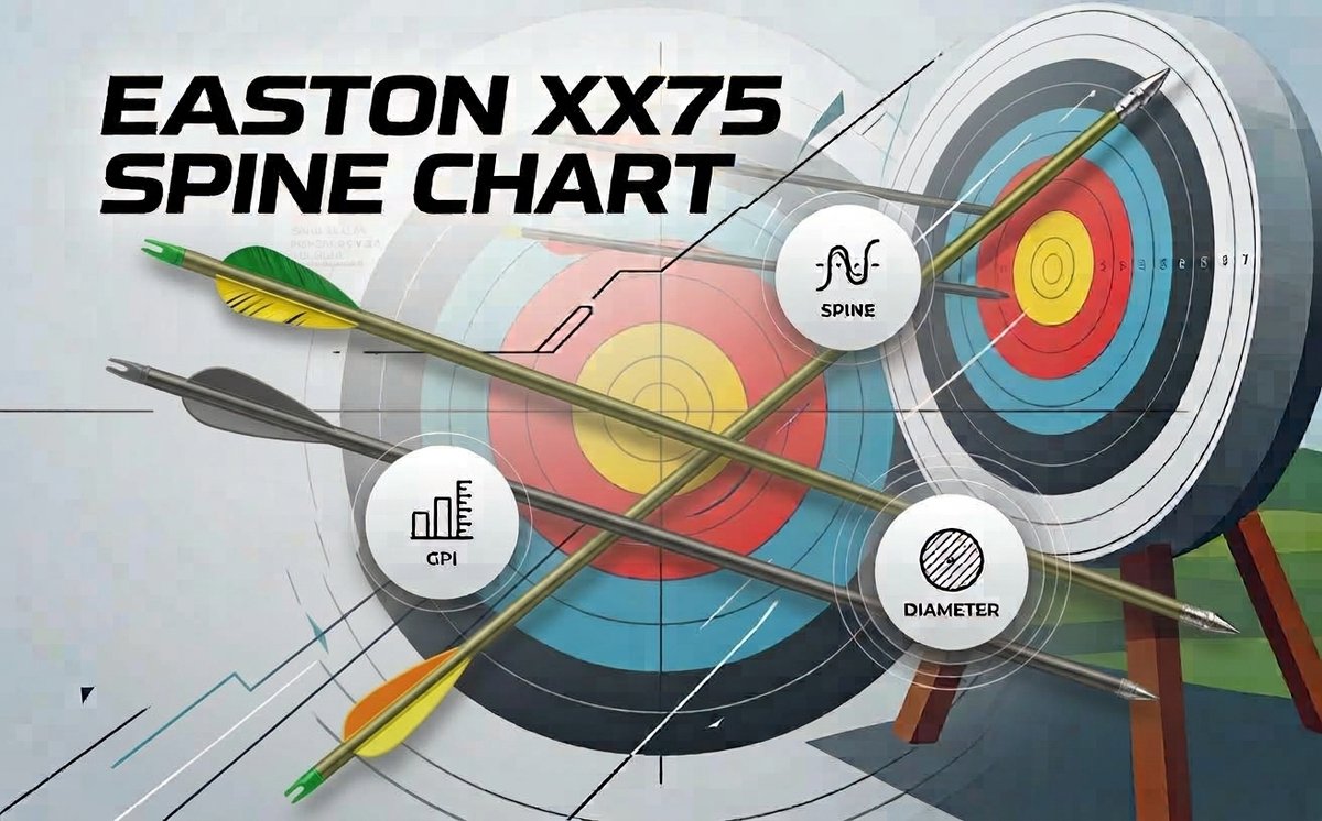 Illustrated title card reading Easton XX75 Spine Chart, with aluminum arrows crossing in front of target faces and round icons for spine, GPI and diameter