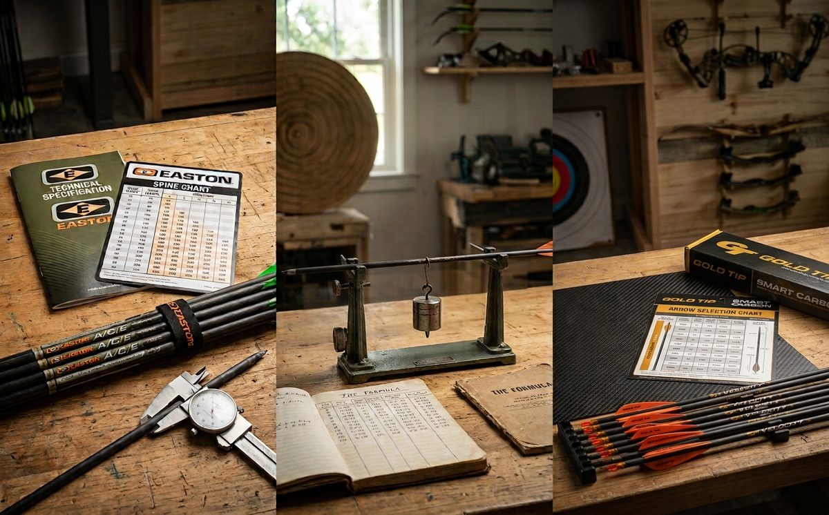 Three workbench scenes side by side: an Easton spine chart with carbon shafts and a dial caliper, a spine tester with a hanging weight over a handwritten formula notebook, and a Gold Tip arrow selection chart next to fletched Gold Tip arrows