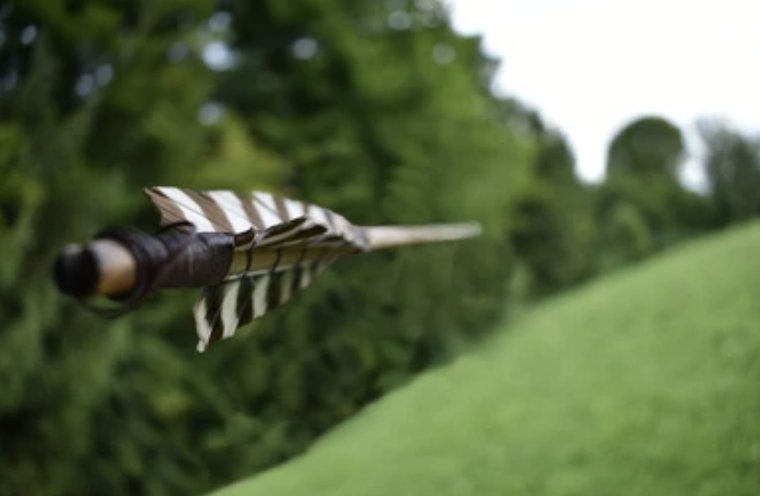 A fletched arrow in mid-flight against a soft green background, feathers visible in sharp focus