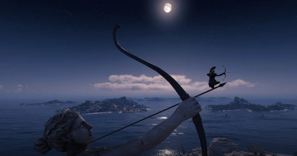 Assassin's Creed Odyssey screenshot of an archer balanced on an arrow above a moonlit Greek archipelago, statue of a bow-wielding deity in the foreground