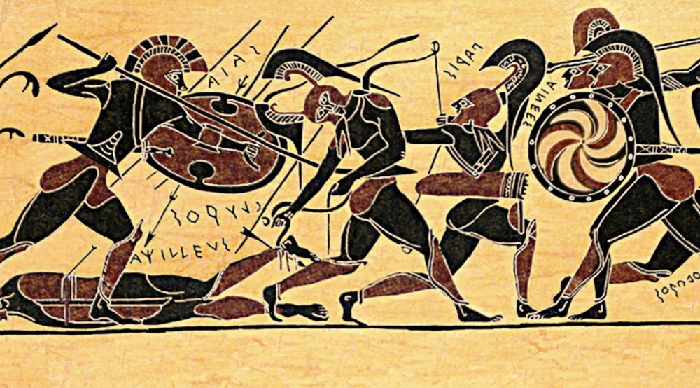 Stylized illustration on papyrus-textured background of Greek warriors in battle, with lettering identifying Achilles, Paris and Aeneas beside a fallen figure