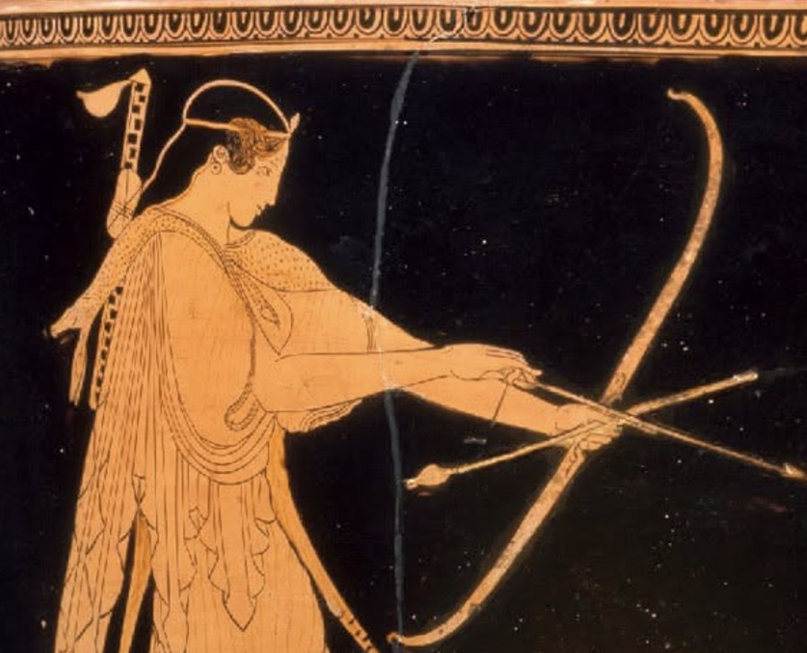 Red-figure Greek vase painting of an archer at full draw, likely Artemis, aiming a recurved bow against a black background