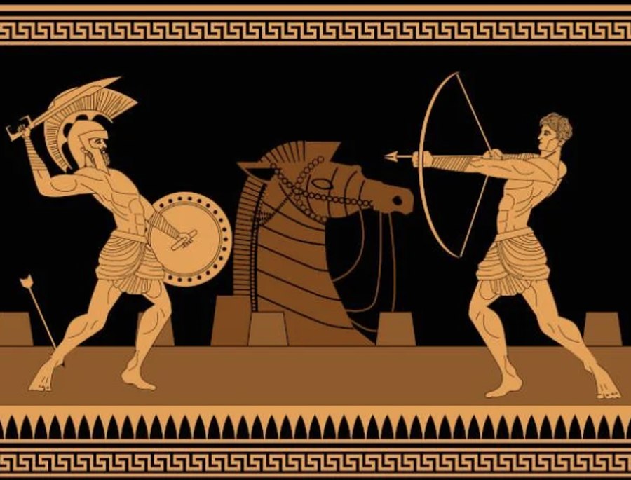Black-figure style illustration of a hoplite swinging a sword at a fallen enemy beside a horse, opposite an archer drawing a bow, framed by a Greek key meander border
