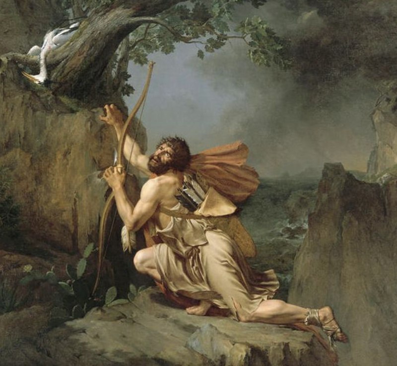 Neoclassical painting of Philoctetes wounded and alone on a rocky shore, gripping his bow and looking toward the sea
