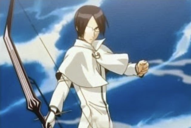 Uryu Ishida forming his reishi energy bow Kojaku against a blue sky, no physical limbs visible