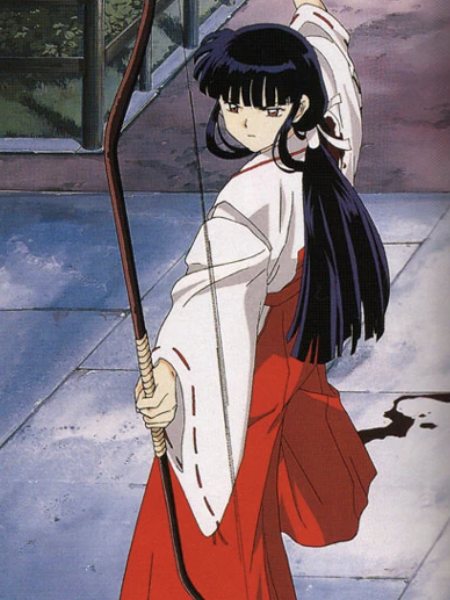 Kikyo from InuYasha standing with her traditional Japanese longbow slung over her shoulder