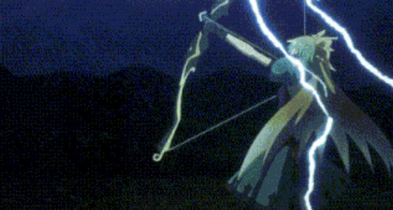 Anime archer at full draw with a lightning-streaked energy bow, evoking the mythological epithets behind names like Phoebus Catastrophe and Antares Snipe