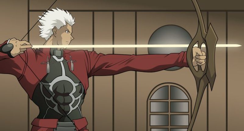 Archer from Fate/stay night at full draw with a glowing blade nocked as an arrow, indoors