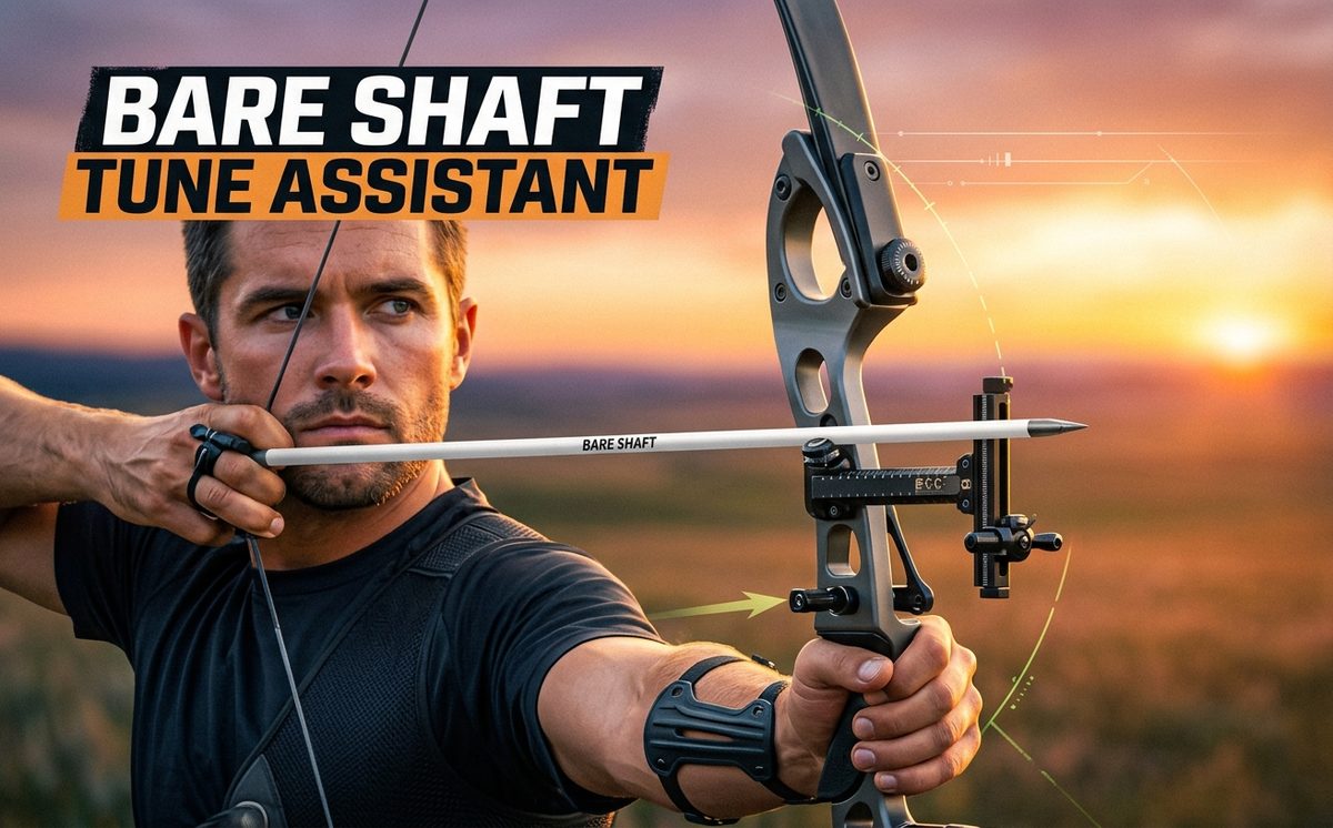 Archer at full draw with a target recurve and an unfletched white test shaft on the rest, open field at sunset